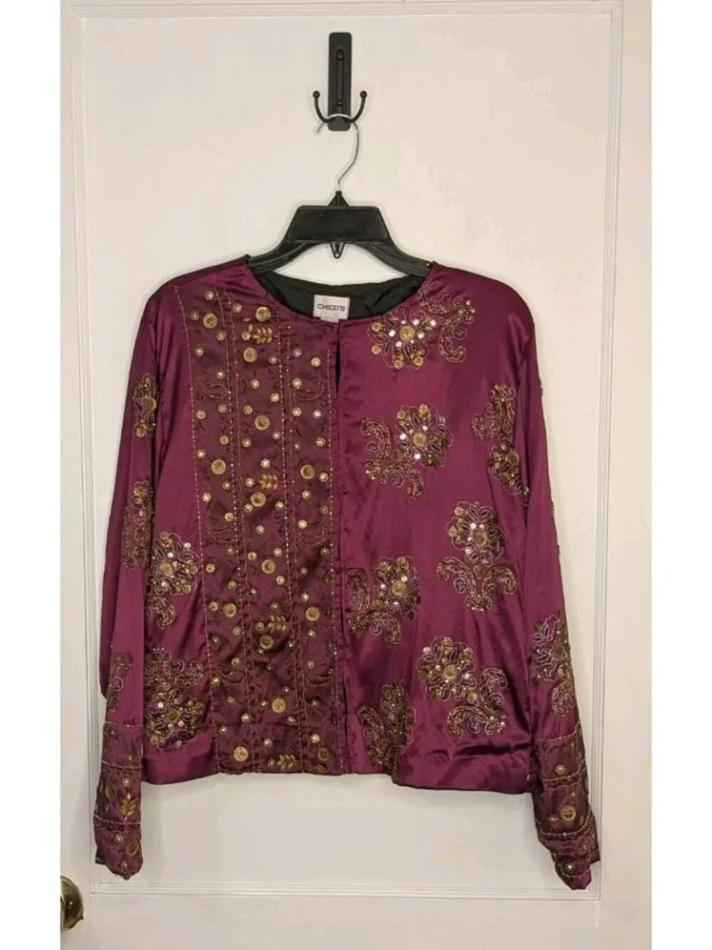 NWT Chico's Size 2 (L/12) Royal Glam Fuschia Ratune Jacket Beaded Satin Jacket